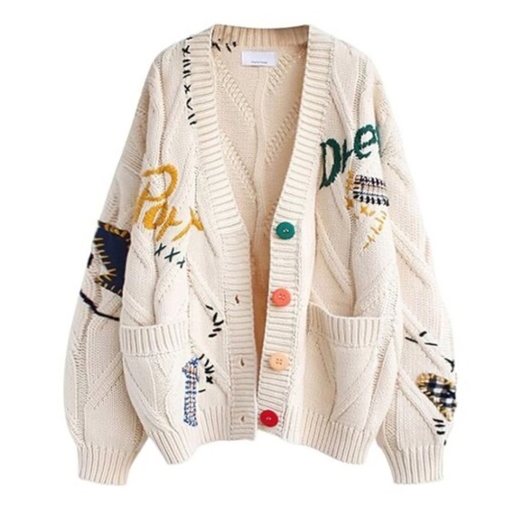 Anrabess Cream Cardigan with Embroidered Accents Lettering Patchwork Thick - Picture 3 of 12